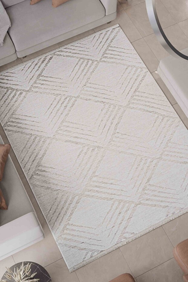 Antique Geometric Patterned Washable Non-Slip Base Chenille Brown Beige Kitchen Carpet 8384