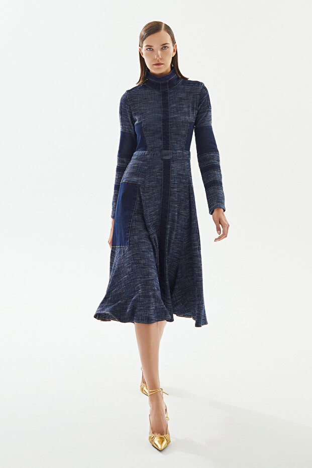 Kadın Şeritli Denim Elbise - 2