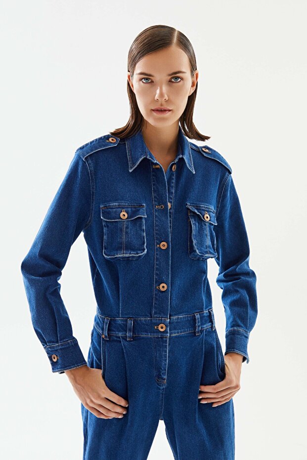 Kadın Cepli Denim Tulum - 3