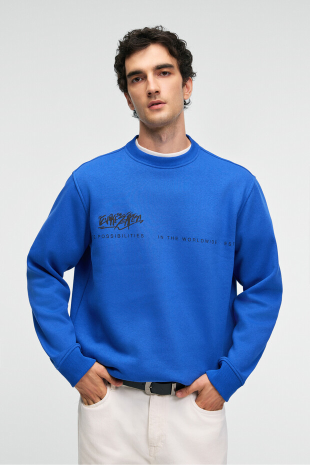 IRVING Erkek Yuvarlak Yaka Göğsü Ve Önü Regular Fit Mavi Sweatshirt - 1
