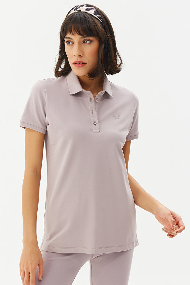 Women's Beige Buttoned Polo Collar Short Sleeve Cotton T-Shirt 8719