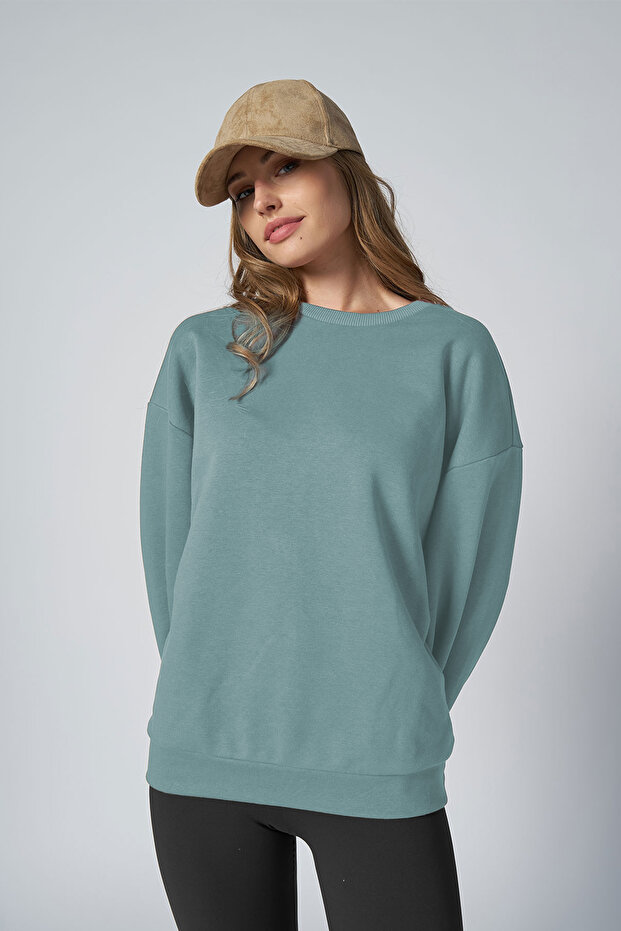 Peak Kadın Mavi Oversize Bisiklet Yaka Basic Sweatshirt 7015 - 2