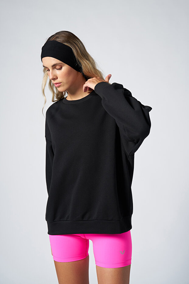 Peak Kadın Siyah Oversize Bisiklet Yaka Basic Sweatshirt 7015 - 7
