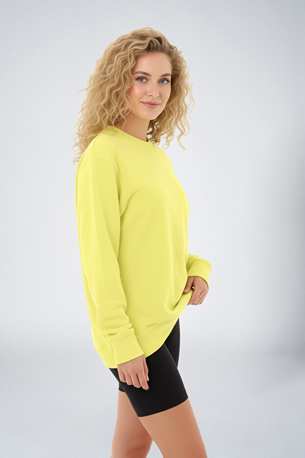 Peak Kadın Toz Sarı Oversize Bisiklet Yaka Basic Sweatshirt 7015 - 3