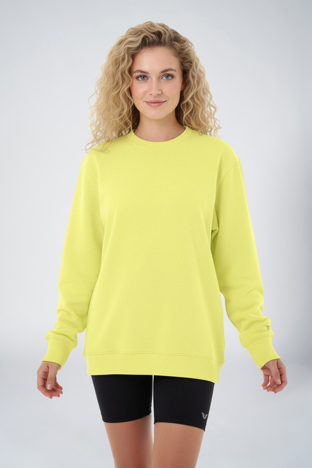 Peak Kadın Toz Sarı Oversize Bisiklet Yaka Basic Sweatshirt 7015 - 2