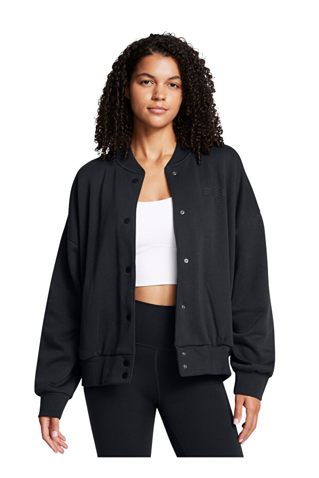 Black Women's Zippered Collar Regular Fit Zip Jacket 1386502 -001 Ua Icon Flc Varsity Jkt
