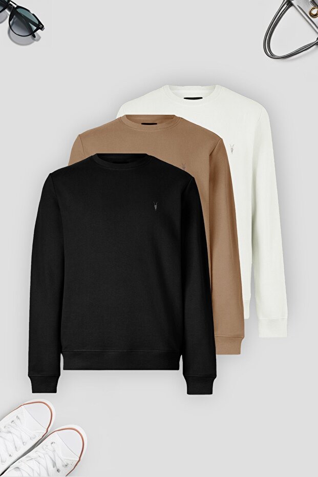 Erkek 3-lü Karamel-siyah-ekru Sweatshirt Basic Bisiklet Yaka - 1