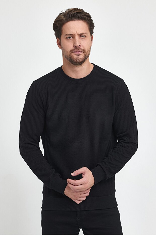 Black Color Basic Crew Neck Sweatshirt Patterned - 1