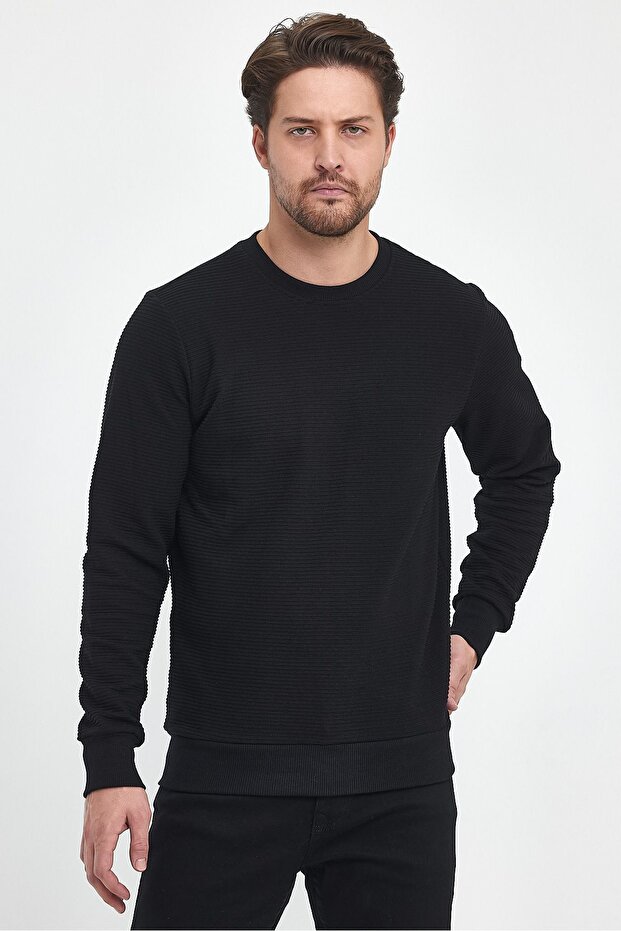 Black Color Basic Crew Neck Sweatshirt Patterned - 3
