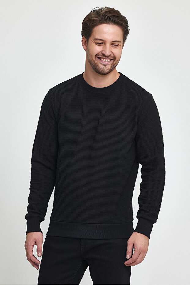 Black Color Basic Crew Neck Sweatshirt Patterned - 2