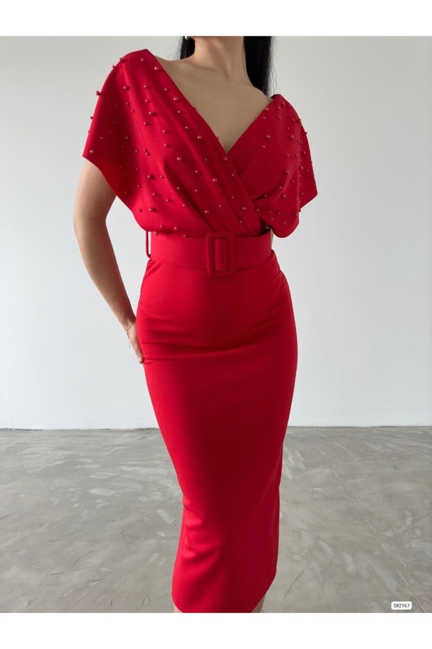 Women's Belted Pearl-Detail Scuba Fabric Evening Dress (Colored)