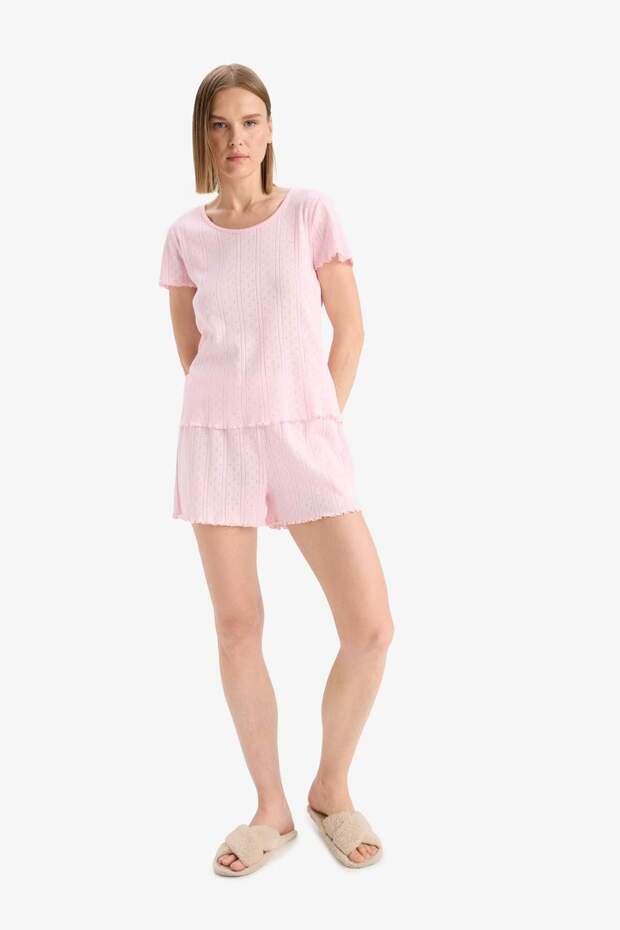 Regular Fit Pijama Takımı Kısa Kollu Üst Esnek Belli Şort-Fall in Love E4335AX25SP - 2