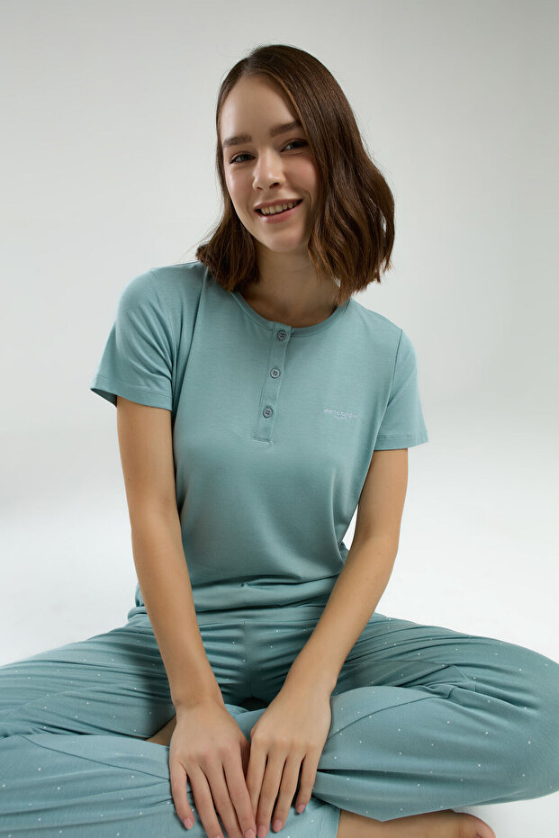 Women's Hakim Collar Pigment Printed Summer Regular Fit Green Pajama Set Pc8985-S-V1
