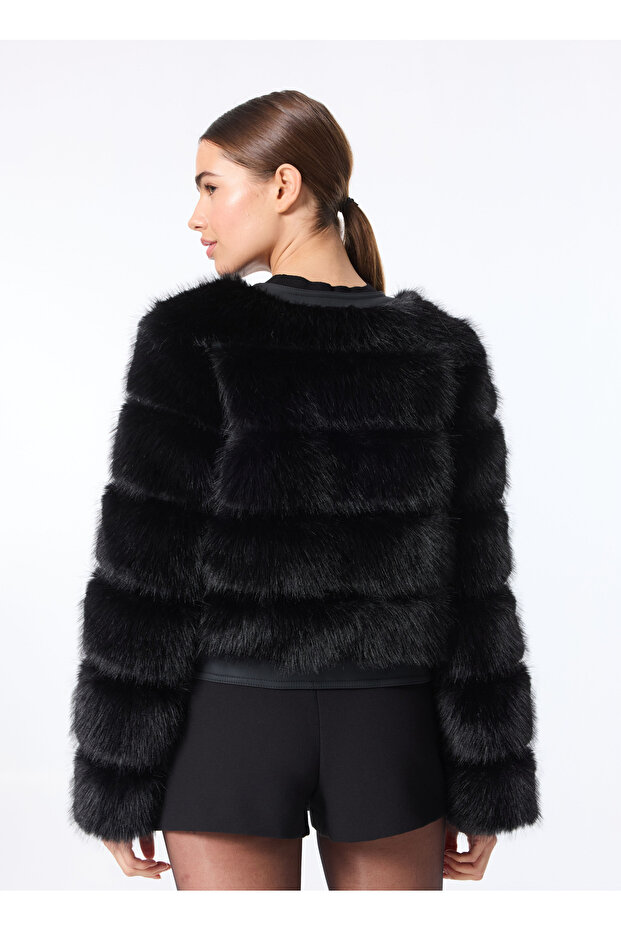 Siyah Kadın Desenli Palto SOFT PU AND FAUX FUR - SOFT PUFFER - 8