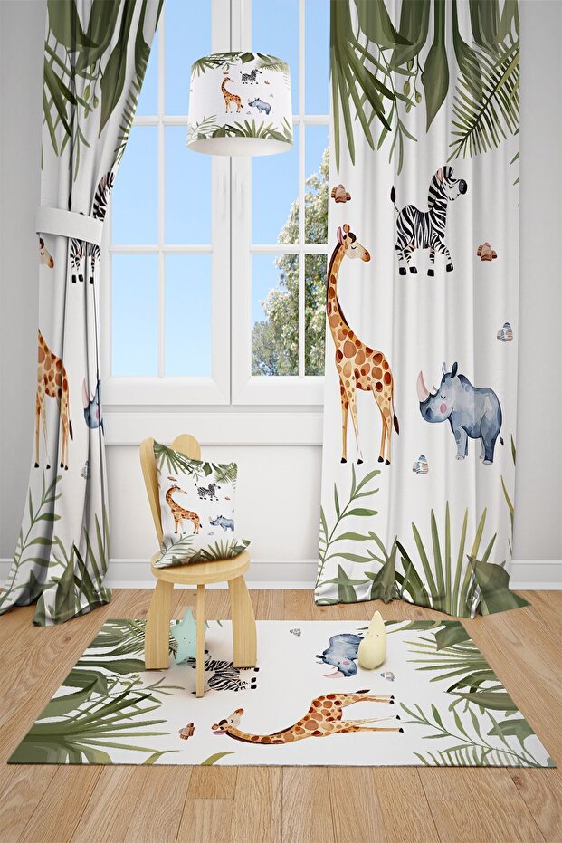 Safari Patterned Children's Room Background Curtain 2 Wings Tla-181