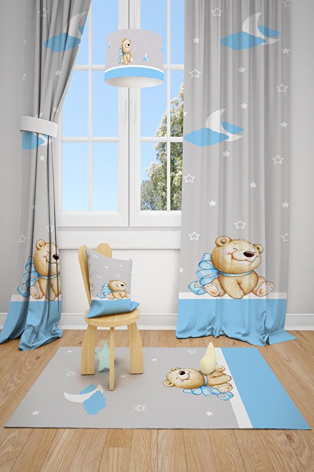 Cute Little Bear Patterned Children's Room Background Curtain 2 Wings Tla-174