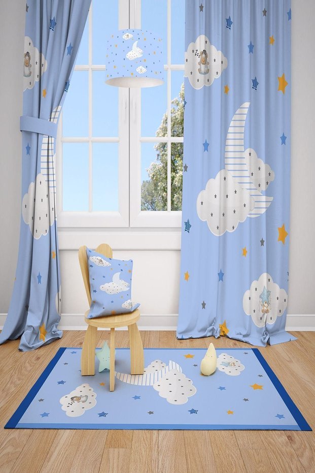 Blue Zzz Sleeping Children's and Baby's Room Background Curtain 2 Wings Tla-147