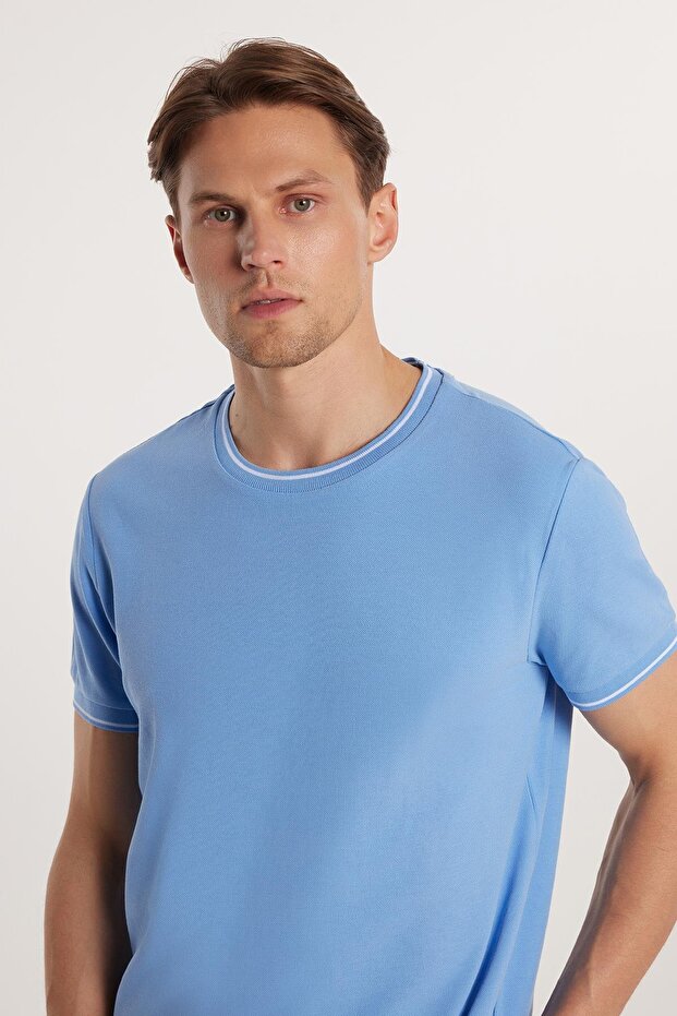 Men's Slim Fit Slim Fit 100% Cotton Plain Pique Blue Crew Neck T-Shirt