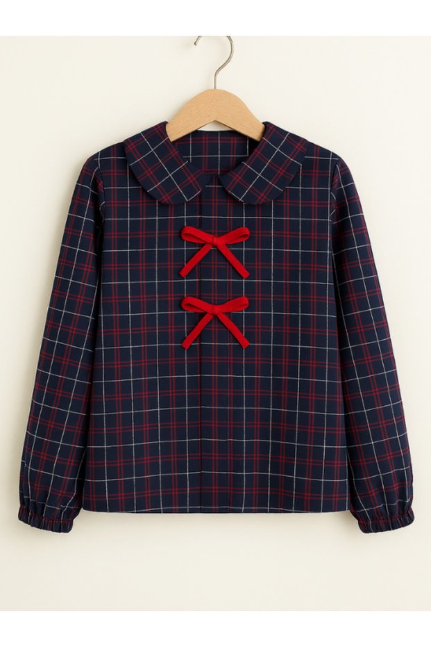 Girl's Ribbon Checkered Navy Blue Modest Shirt