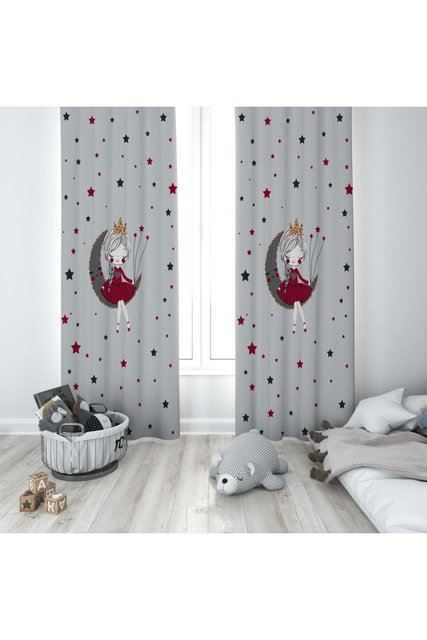 Girl Sitting on the Moon Red Patterned Children's and Baby's Room Background Curtain 2 Wings Tla-248