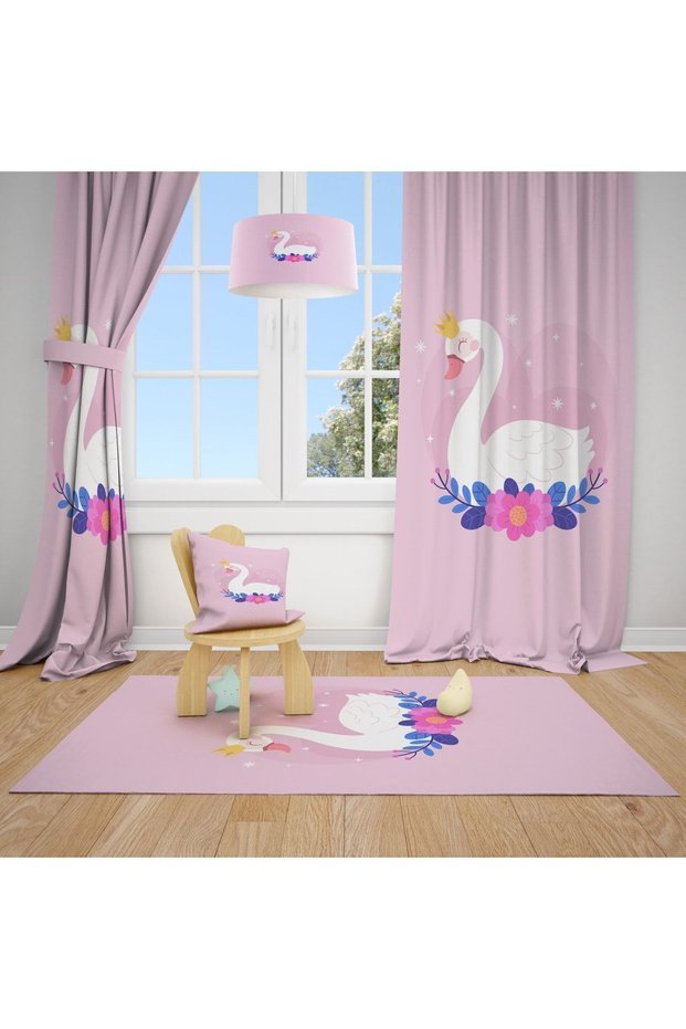Pink Swan Patterned Children's and Baby's Room Background Curtain 2 Wings Tla-224