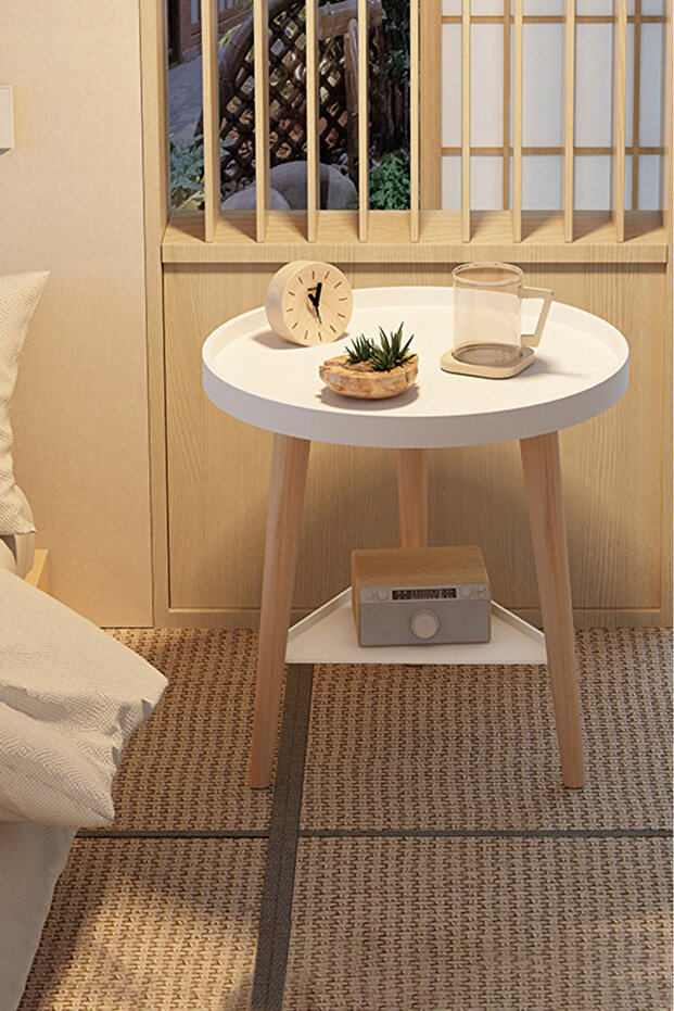 Simple small round table double layer storage bedside coffee table home side table - 6