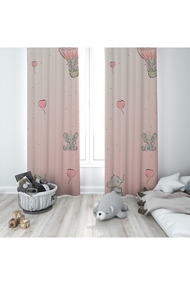 Heart Elephant Patterned Children's and Baby's Room Background Curtain 2 Wings Tla-272