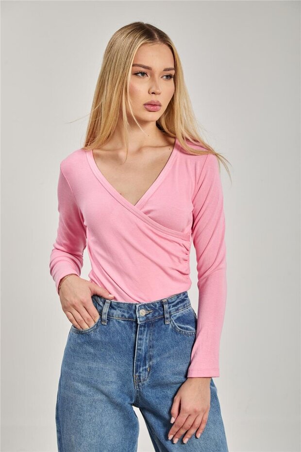 Women's Double Breasted Collar Long Sleeve Bodysuit - Pink