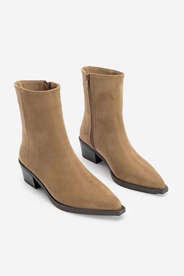 Női hegyes orrú cowboy vastag sarkú western csizma, barna velúr - 5