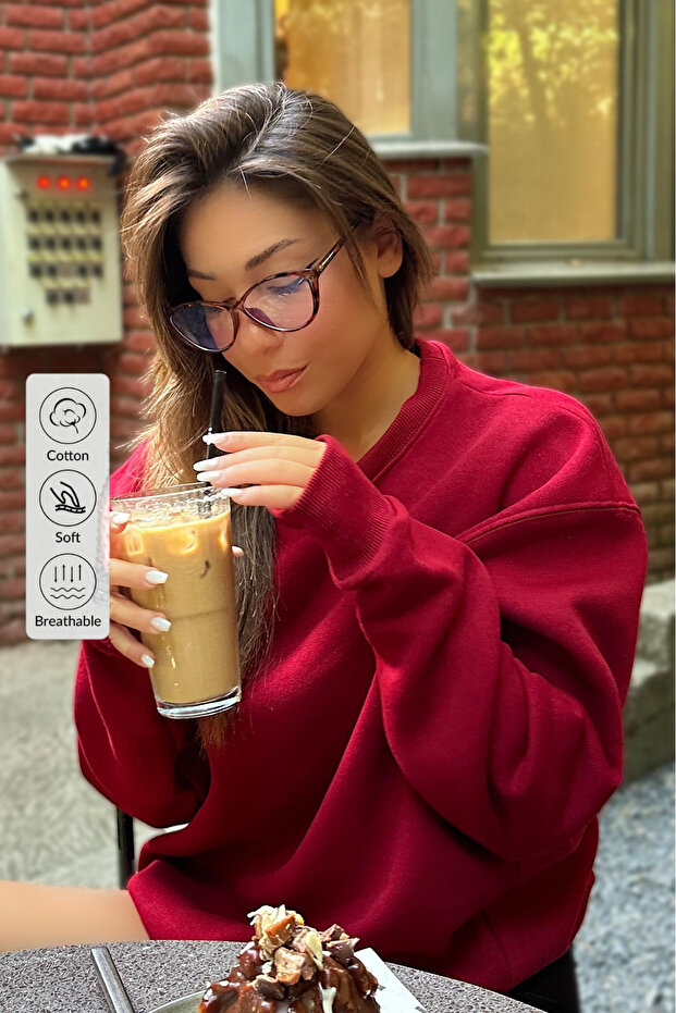 Women's Oversize Thick Soft Crew Neck Sweatshirt Burgundy