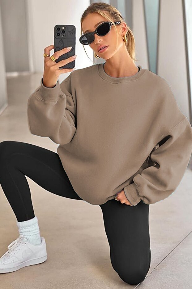 Kadın Bisiklet Yaka Basic Oversize Sweatshirt KAHVE - 4