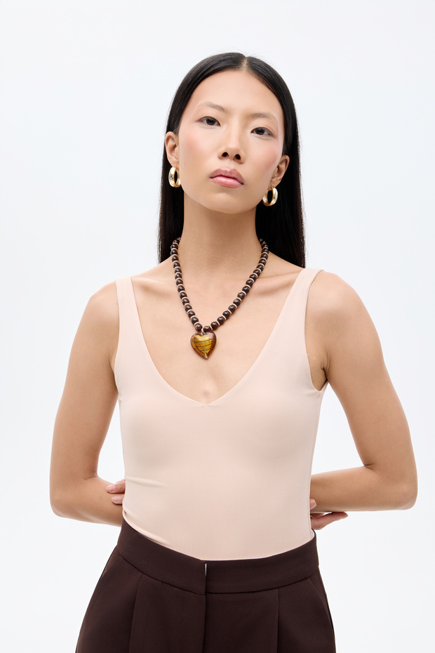 V Yaka Basic Bodysuit Bej - 3