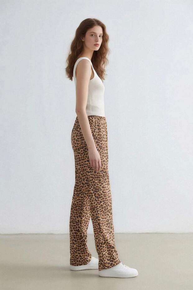 Carrot Fit Leopar Desenli Modal Kumaş Pantolon Çift Cepli Yüksek Bel Düz Paça E6360AX25SP - 6