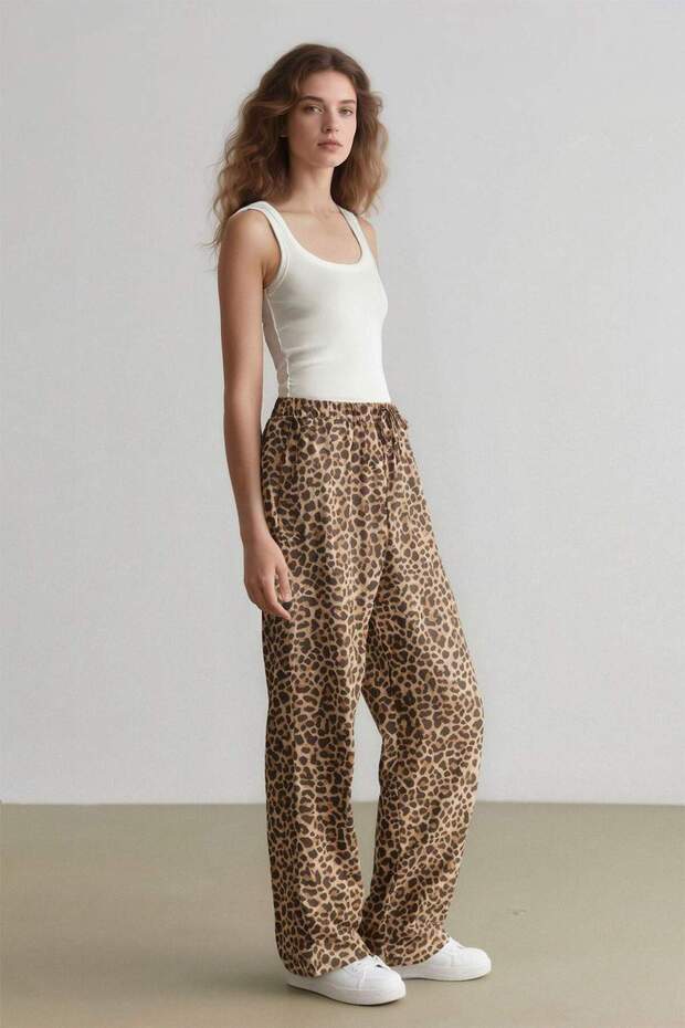 Carrot Fit Leopar Desenli Modal Kumaş Pantolon Çift Cepli Yüksek Bel Düz Paça E6360AX25SP - 4