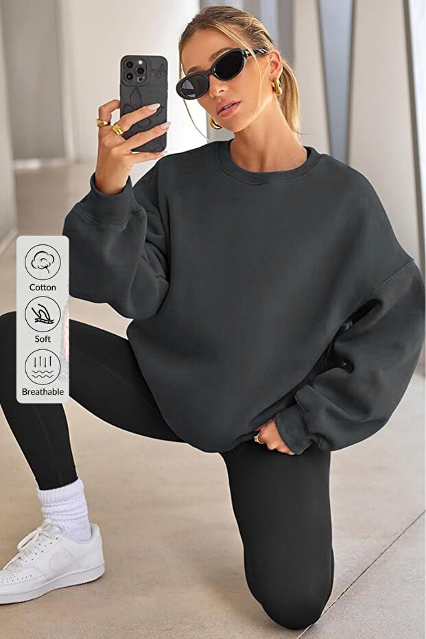 Women's Crew Neck Basic Oversize Sweatshirt Smoked