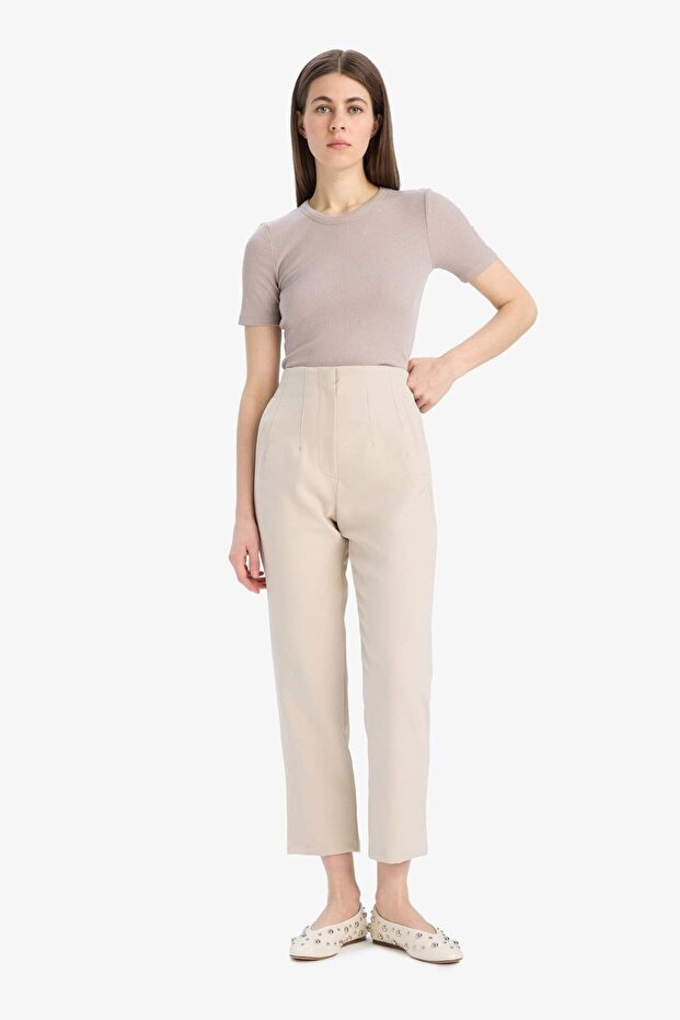 Carrot Fit Crop Klasik Kumaş Pantolon Fermuarlı Yüksek Bel Basic Düz Dar Paça C2466AX25SP - 1