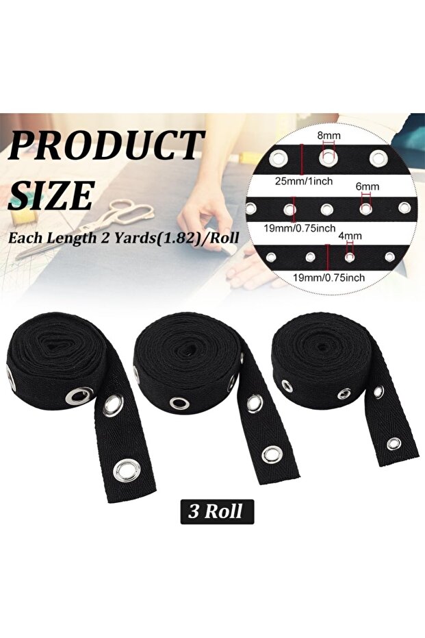 AECH04-01684 6 Yards Black Cotton Grommet Eyelet Twill Tape Trim 3 Sizes Cotton Snap Button Trim Sil
