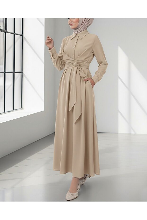 Half Buttoned Cross Tie Front Dress -Beige