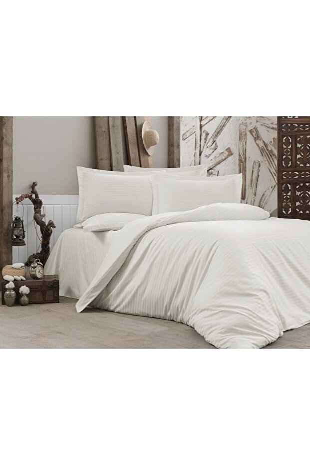 100% Cotton Satin (With Elastic Sheet) Striped Double Duvet Cover Set