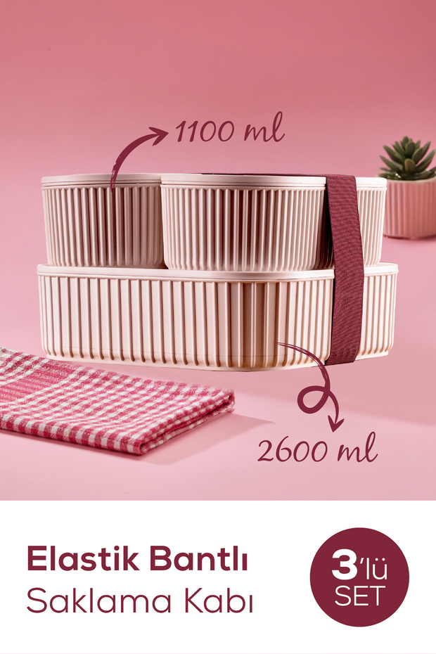 Set of 3 Practical Stackable Storage Containers with Elastic Band, Pink, 2X(1100 ml) 1X(2600 ml) - 2