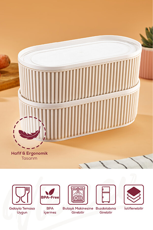 Set of 2 Stackable Practical Storage Containers with Elastic Bands 2X(1100 ml) Beige - 4