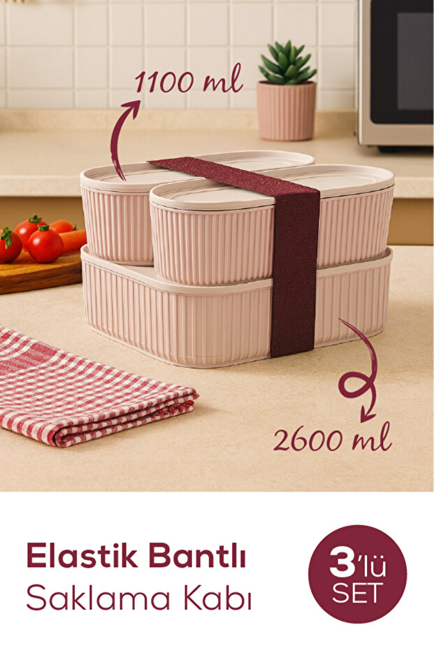 Set of 3 Practical Stackable Storage Containers with Elastic Band, Pink, 2X(1100 ml) 1X(2600 ml) - 1