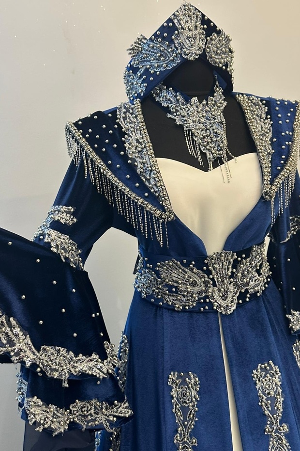 Kadife Bindallı Kaftan Seti Kına Gecesi Elbisesi Kaftan Takımı, Taç Kemer Kolye Tarlatan Dahil Paket - 6