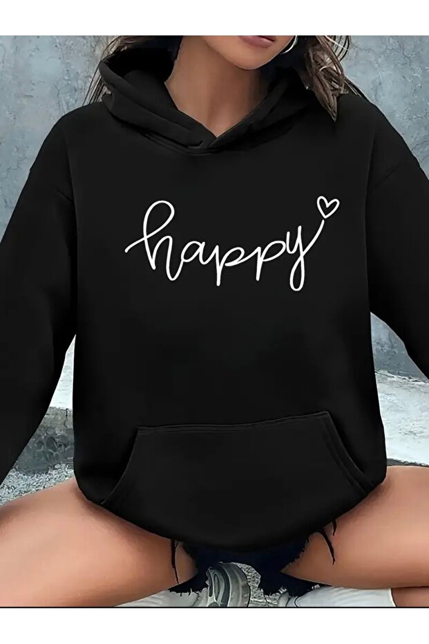 سويت شيرت بغطاء للرأس للجنسين مطبوع عليه HAPPY