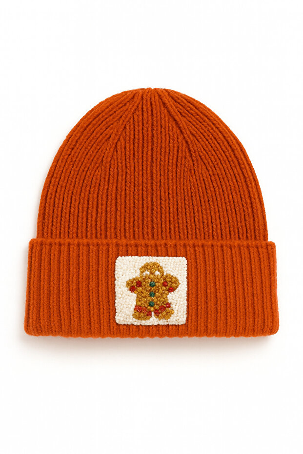 Orange Wool Children's Beanie with Gingerbread Animal Figure and Punch Detail