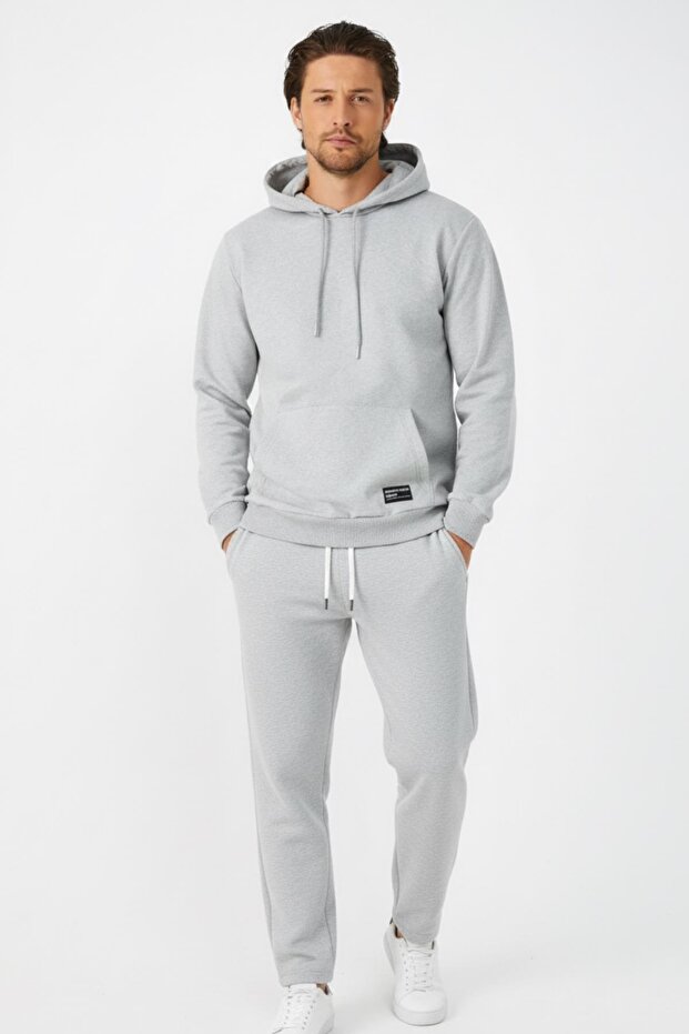 Gray Regular Fit Hooded Sweatshirt with Pockets Straight Leg Men's Tracksuit Set