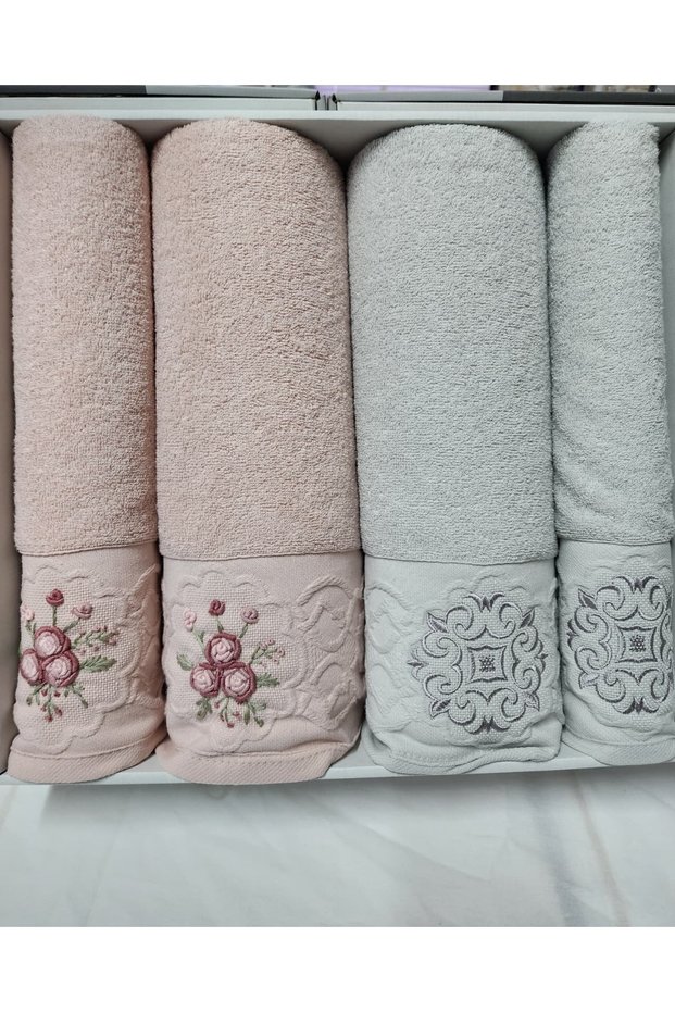 4-Piece Bath Towel Set Turkish Bath Set Elite Bukle Jacquard Embroidered 100% Cotton