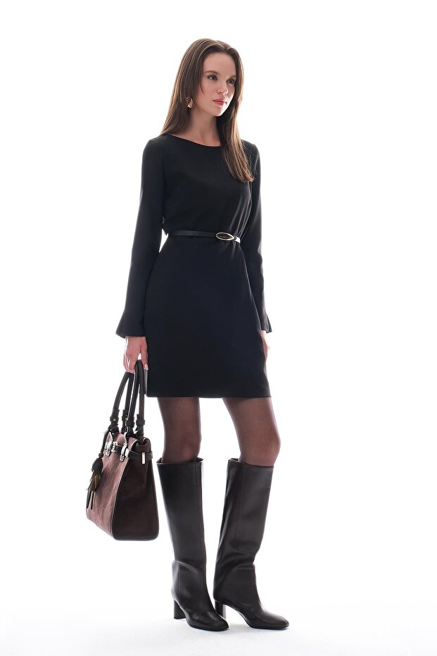 Deri Kemerli Mini Şık Elbise - 4