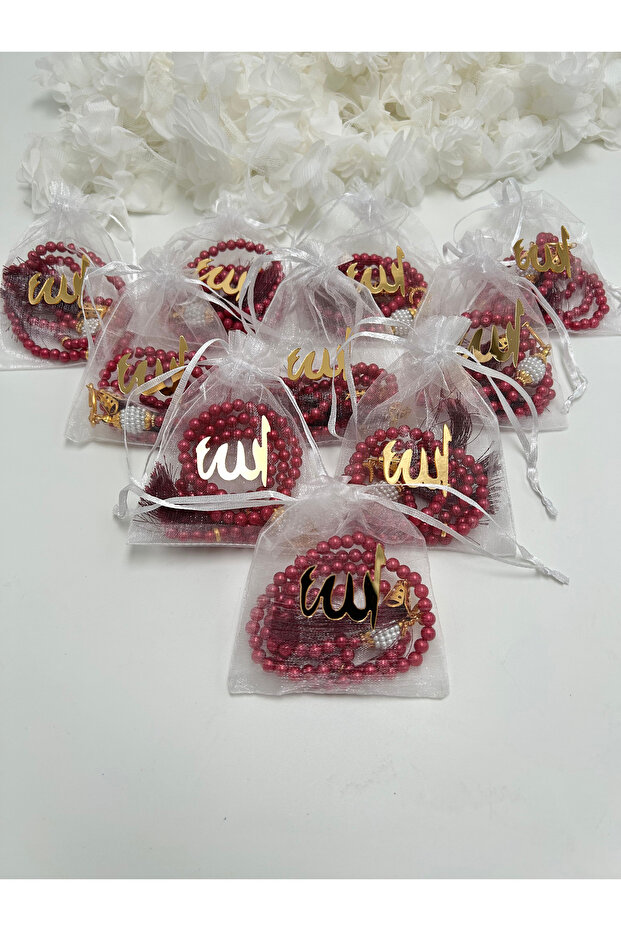 Pearl Tesbih in a Bordo Gift Bag with Words (10 Pieces) (Mevli̇d - Hac - Umre - Bohça)