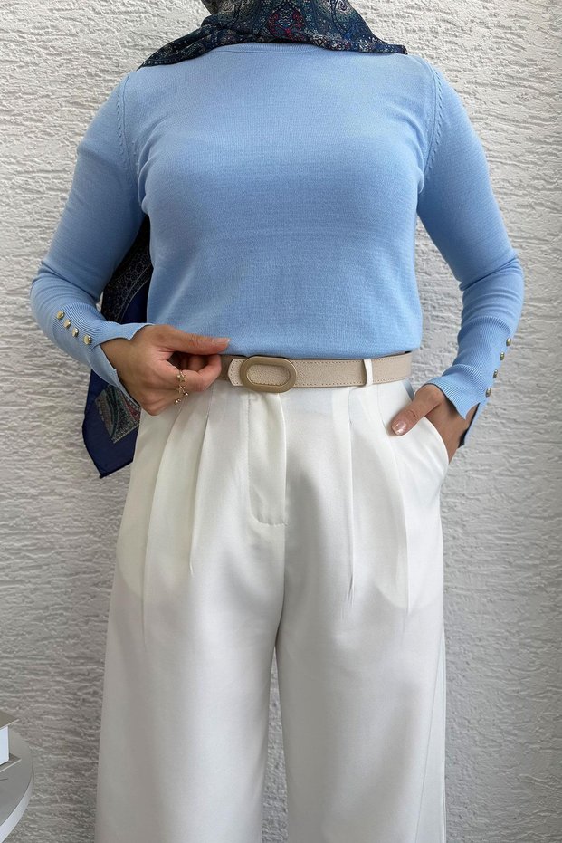 Front Pleated Detail Palazzo Women's Trousers - White